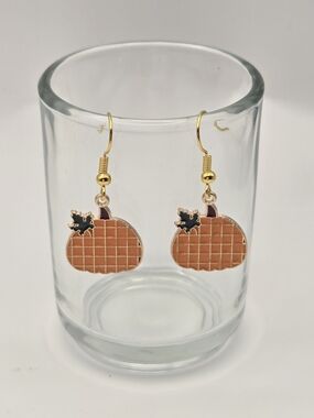 Gold-Tone Orange Pumpkin Dangle Earrings with Black Leaf Accent